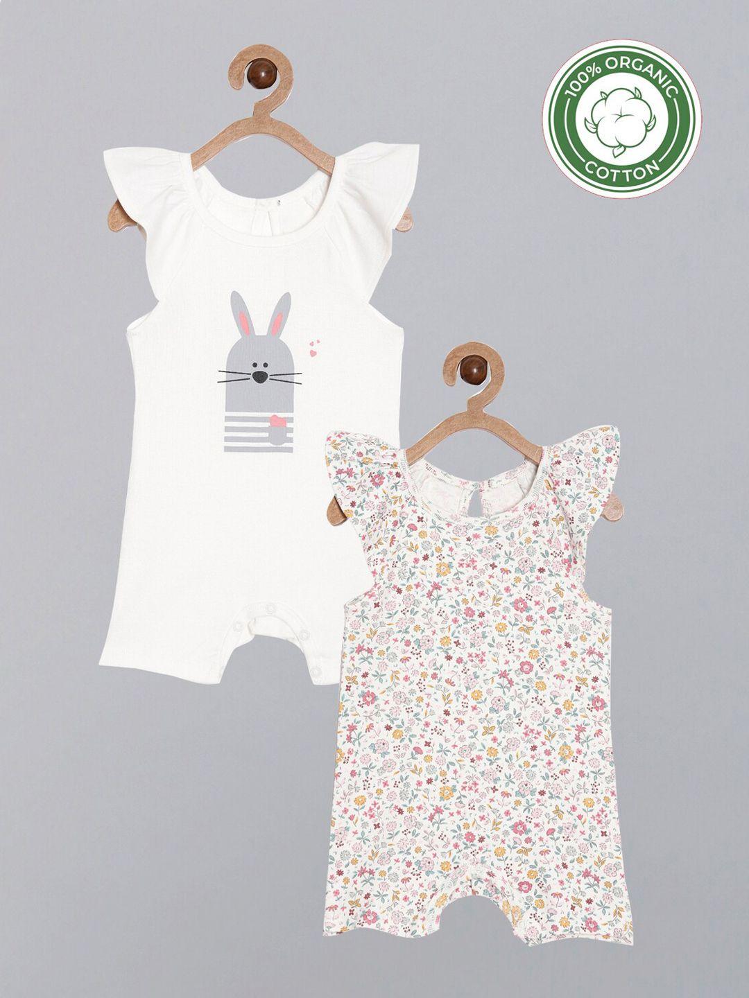 broon  girls pack of 2 white & off white printed pure organic cotton rompers