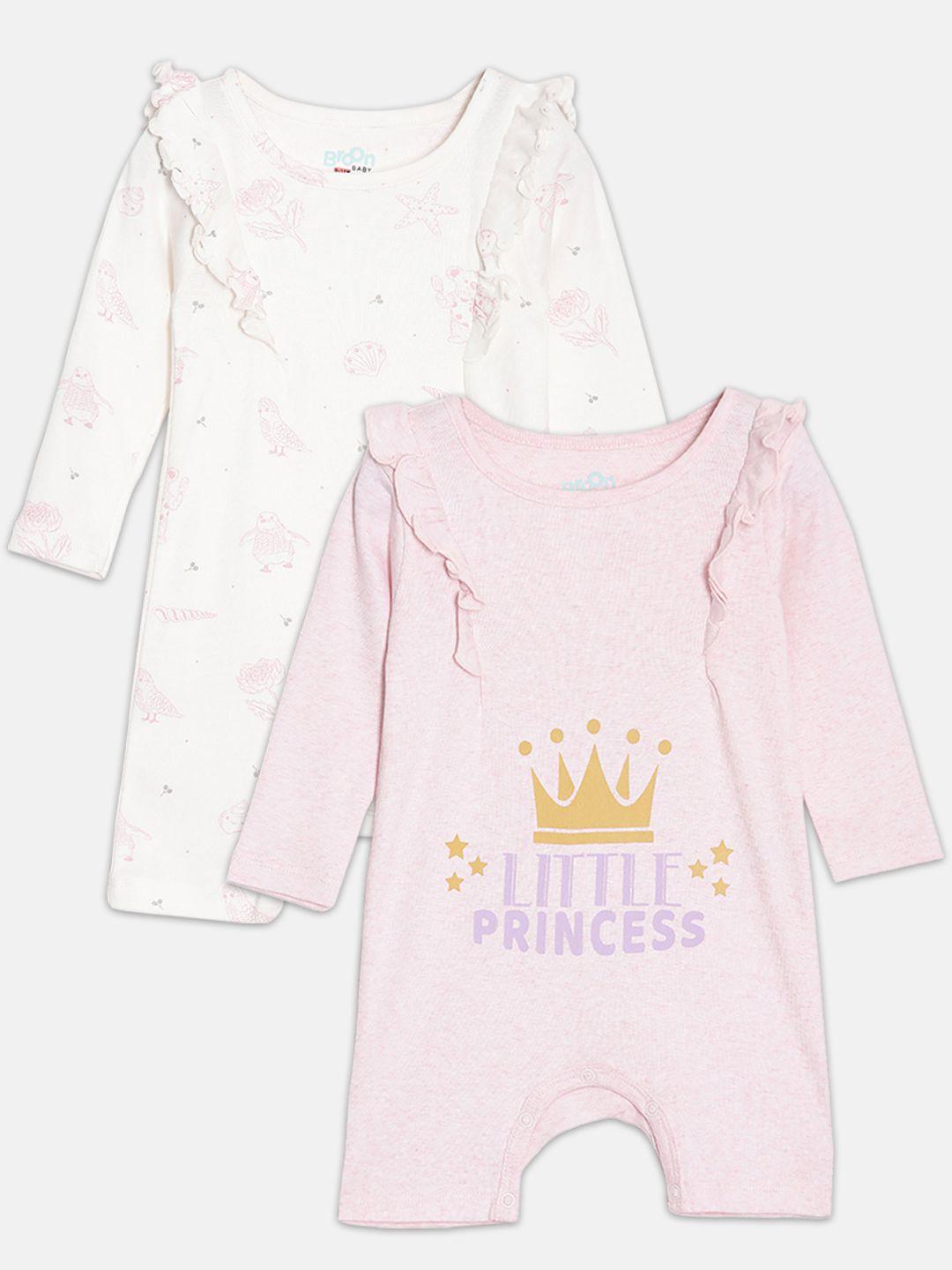 broon girls off white and pink pack of 2 printed pure organic cotton rompers