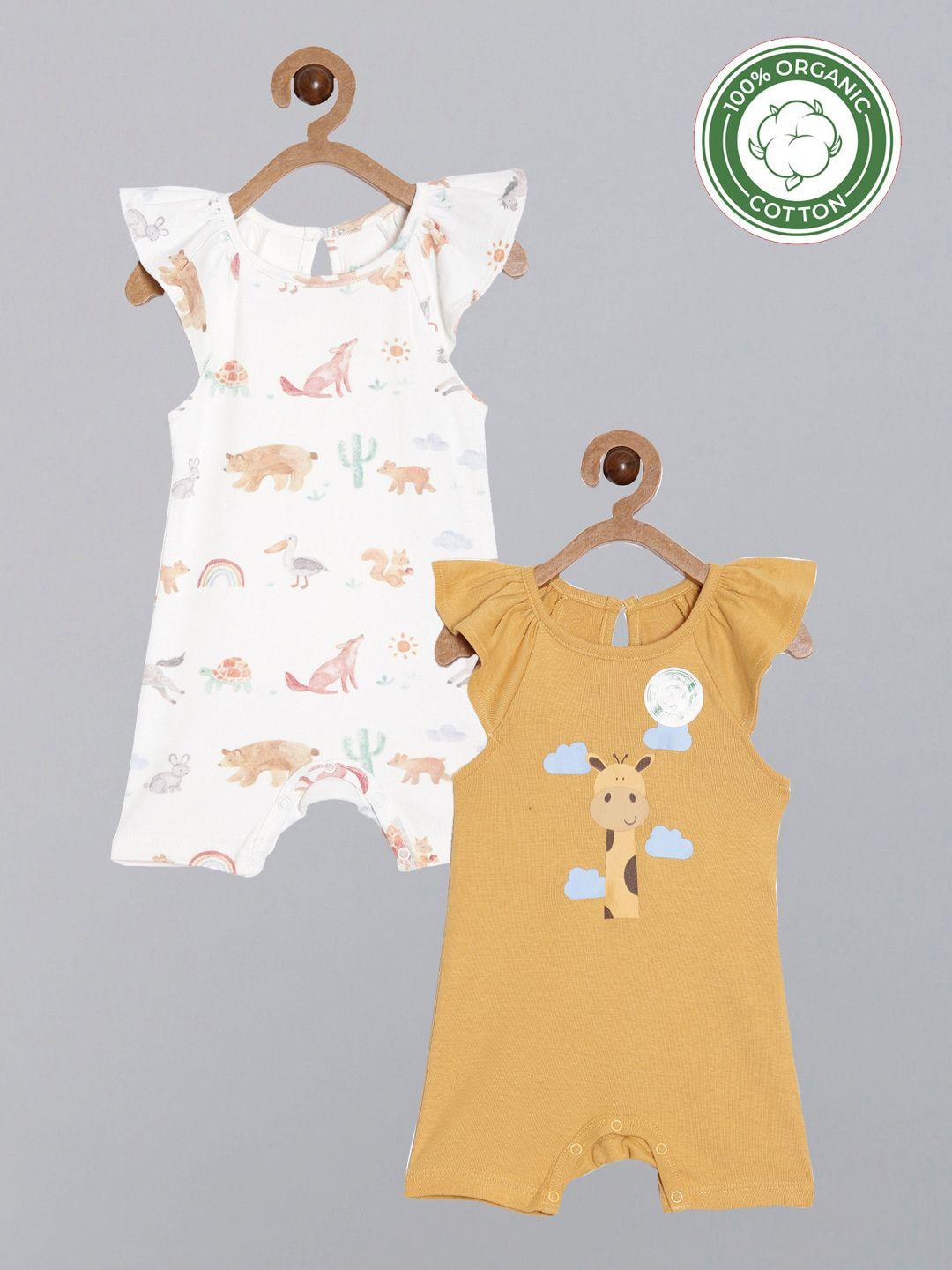 broon girls pack of 2 off white & mustard pure organic cotton rompers