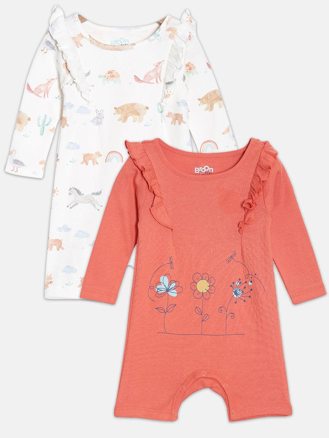 broon girls pack of 2 orange & off white printed pure organic cotton rompers