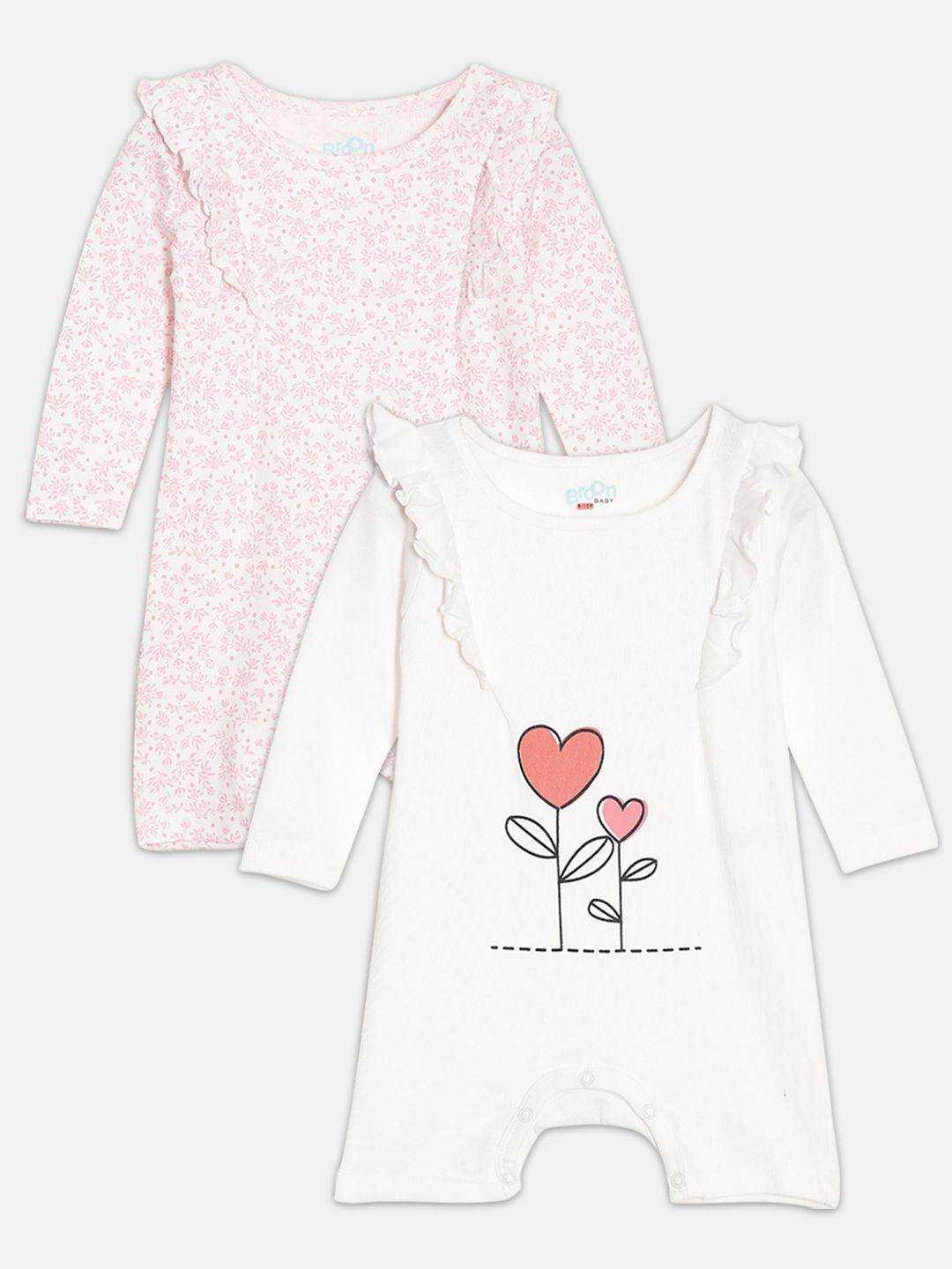 broon girls pack of 2 white & pink printed pure organic cotton rompers