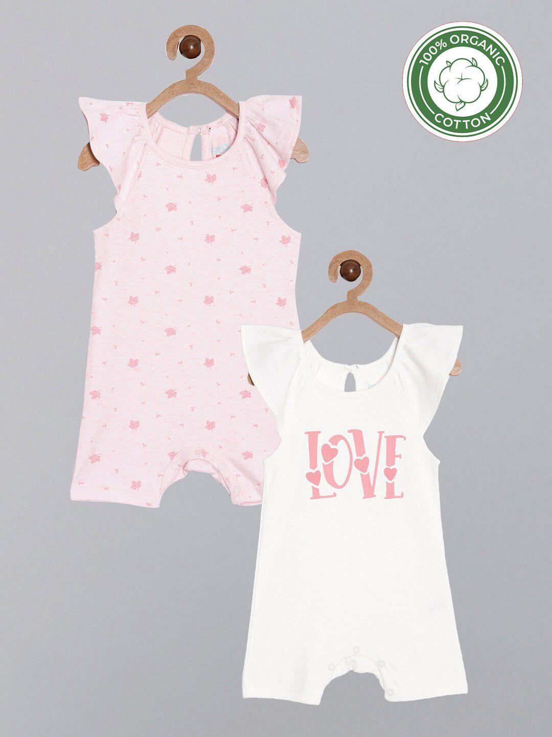 broon girls pack of 2 white & pink pure organic cotton rompers