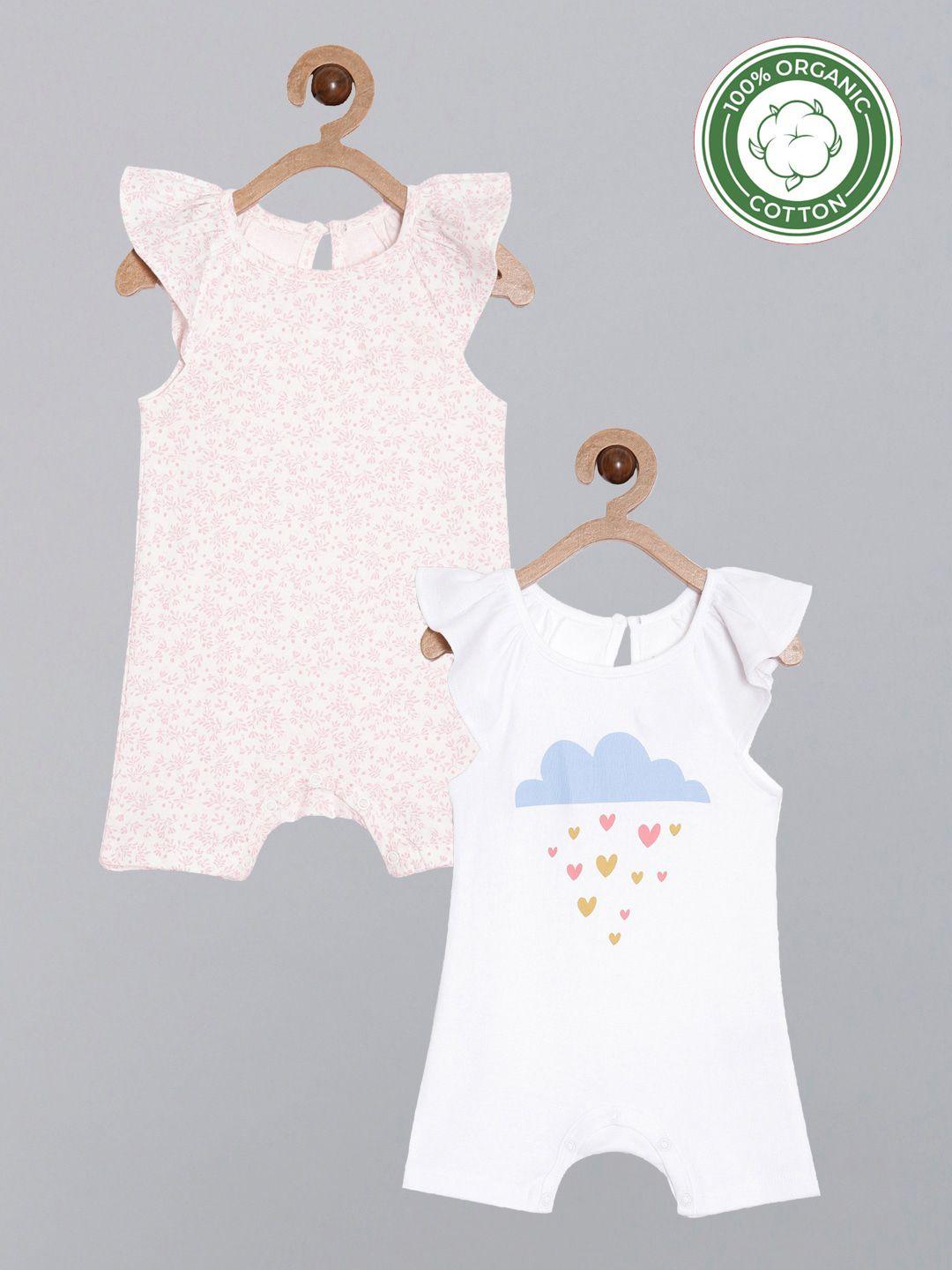 broon infant girls pack of 2 pink and white printed pure organic cotton rompers
