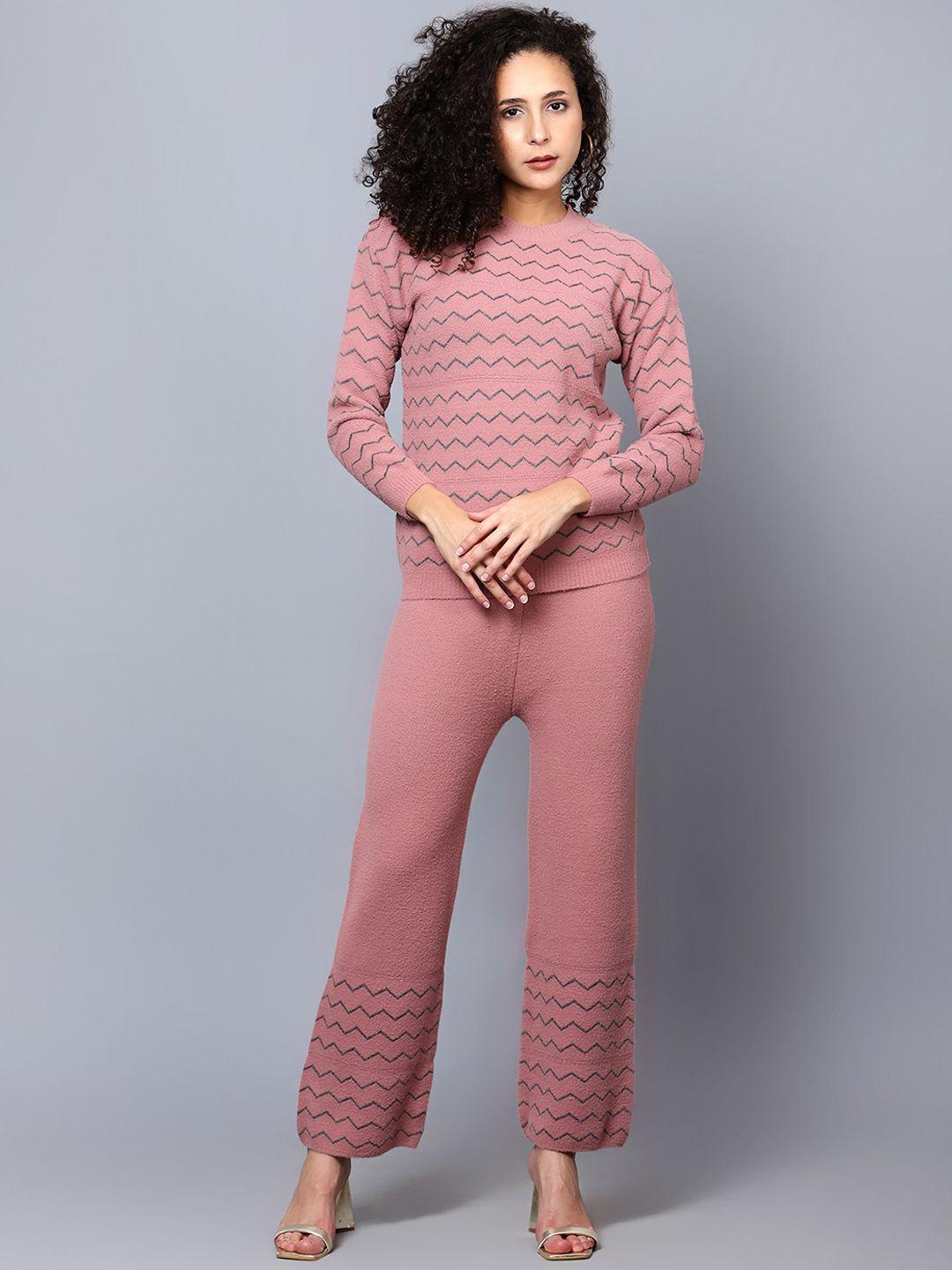 broowl geometric woven designed round neck sweater & flared trousers  co-ords