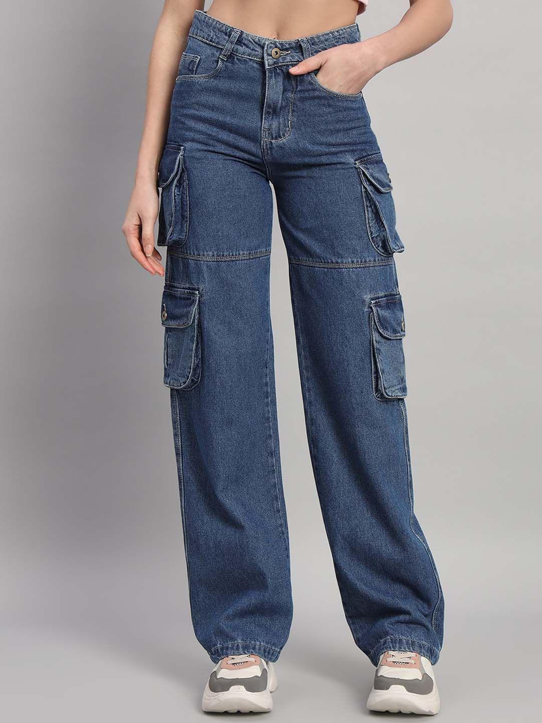 broowl women classic wide leg high-rise light fade stretchable jeans