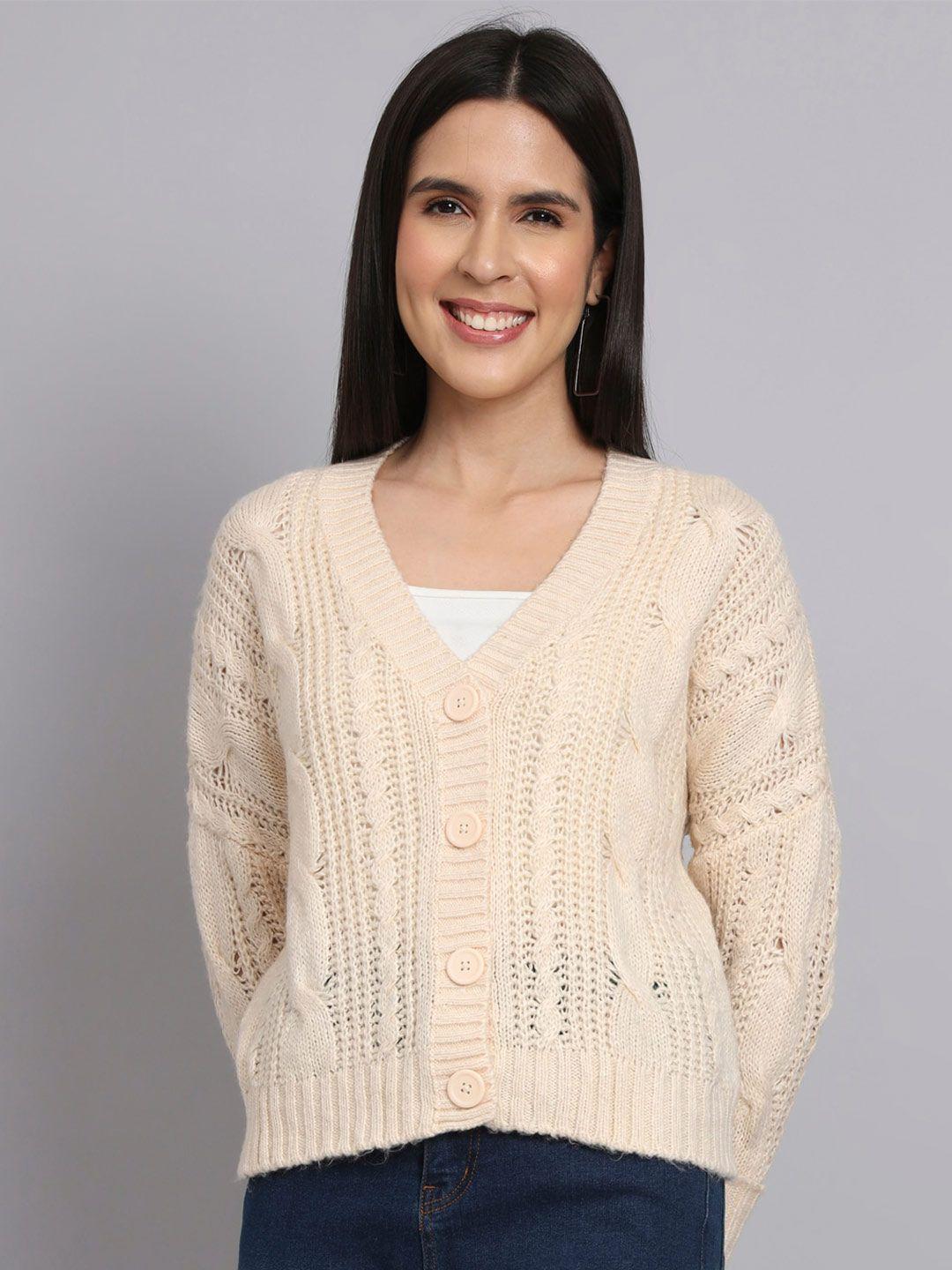 broowl women cream-coloured cable knit woollen cardigan