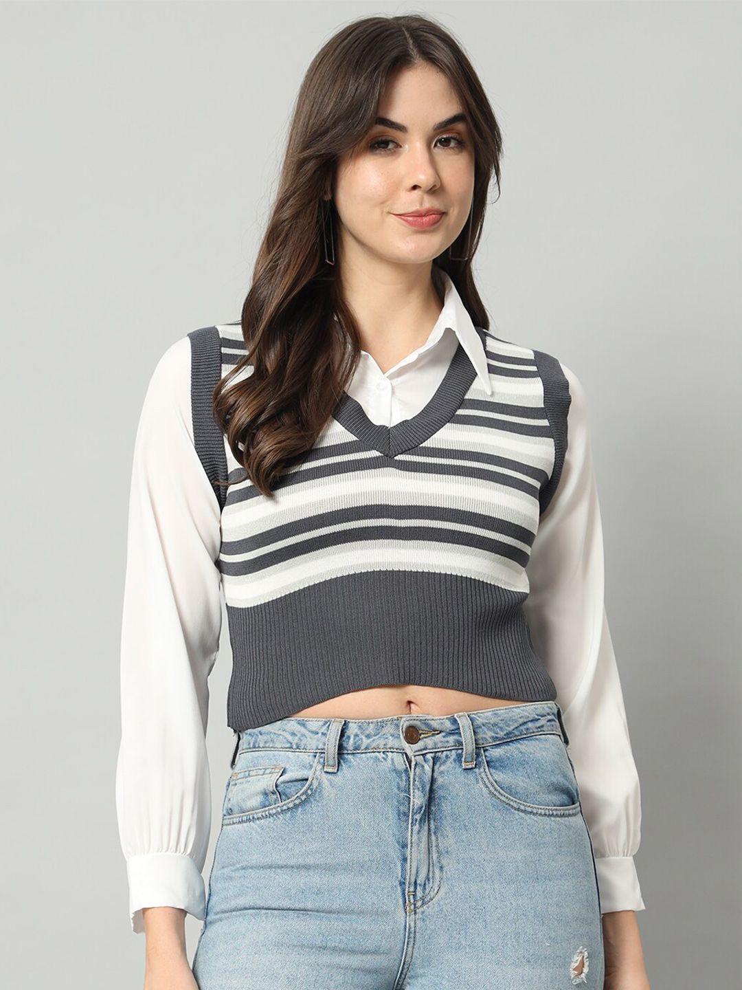 broowl women grey & white striped woollen sweater vest