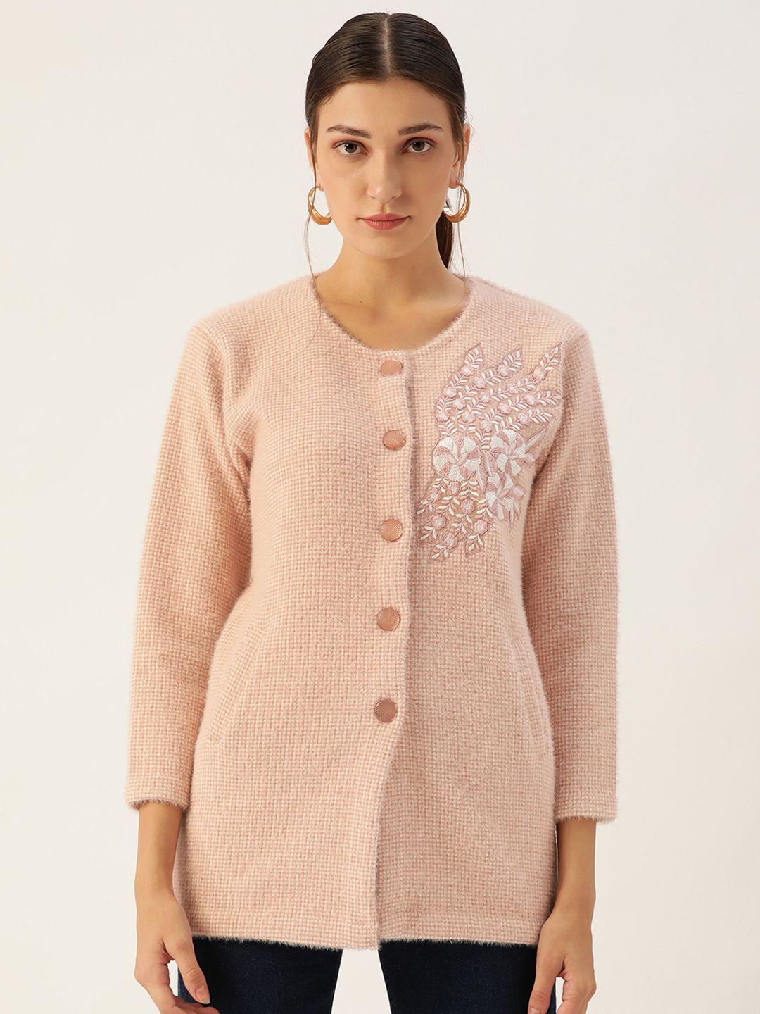 broowl women peach-coloured floral longline woollen cardigan with embroidered detail