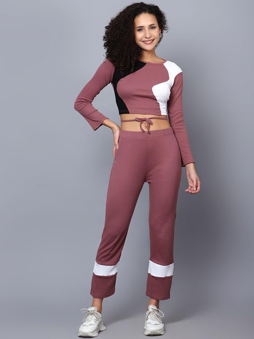 broowl colourblocked round neck top with trousers co-ords