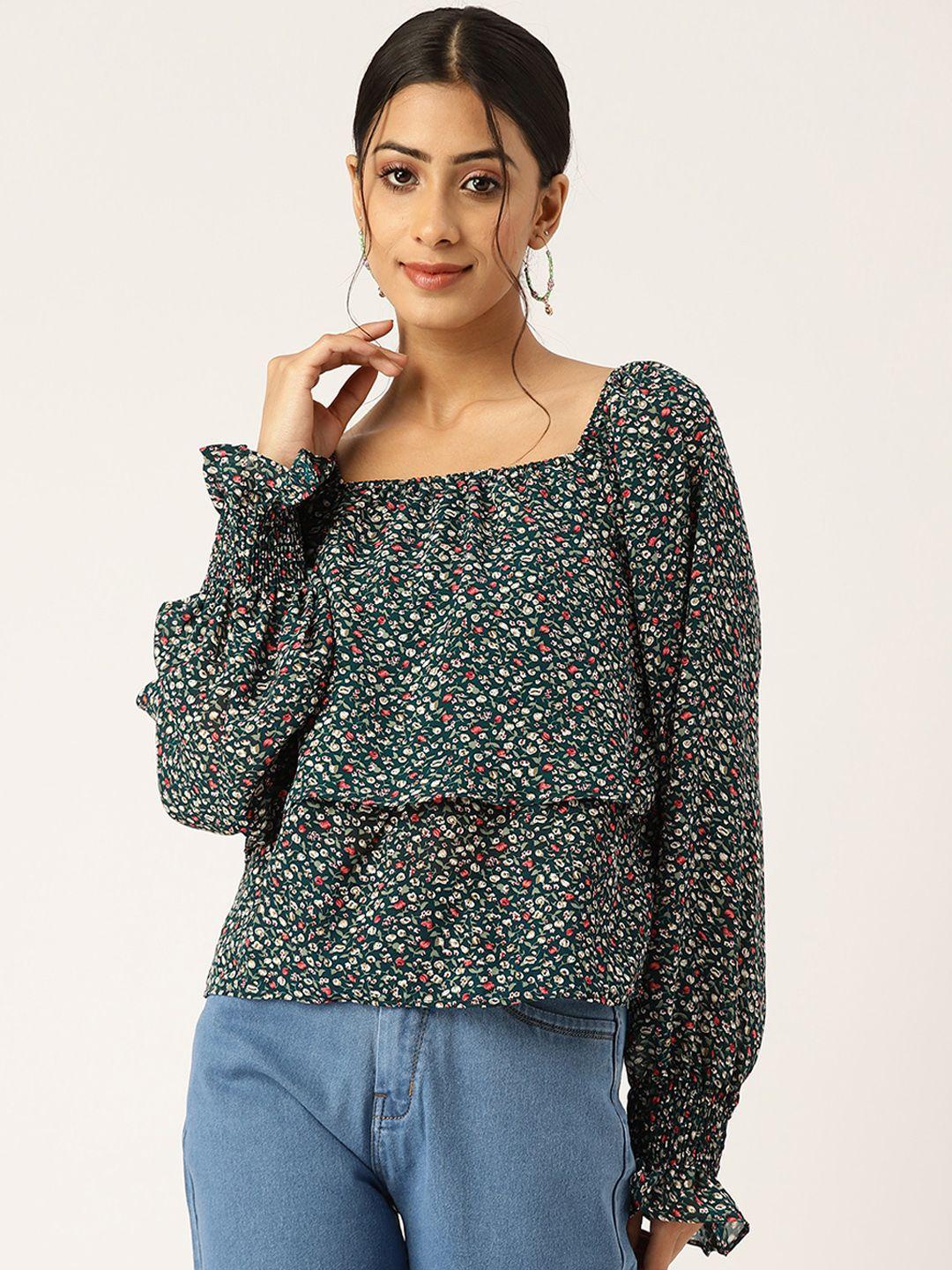 broowl green & pink floral print layered top