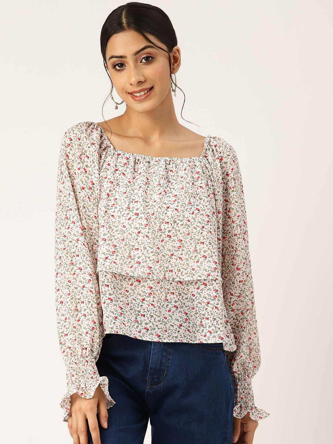 broowl off white & green floral print layered top