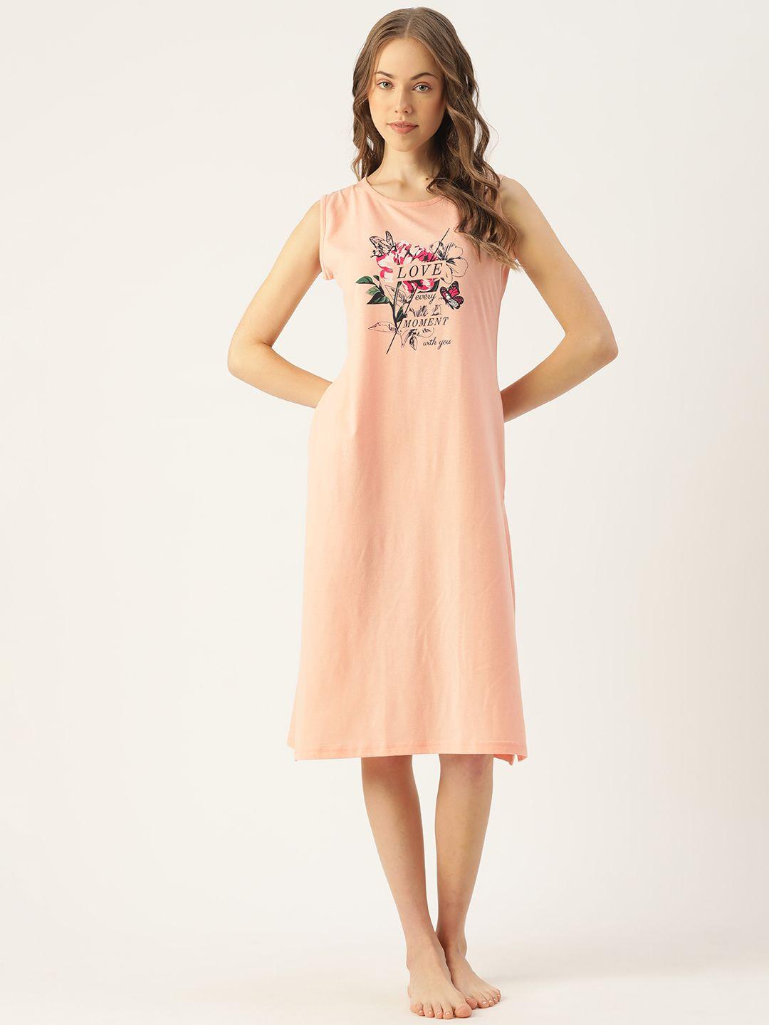 broowl peach-coloured & black floral printed cotton side slits midi t-shirt nightdress