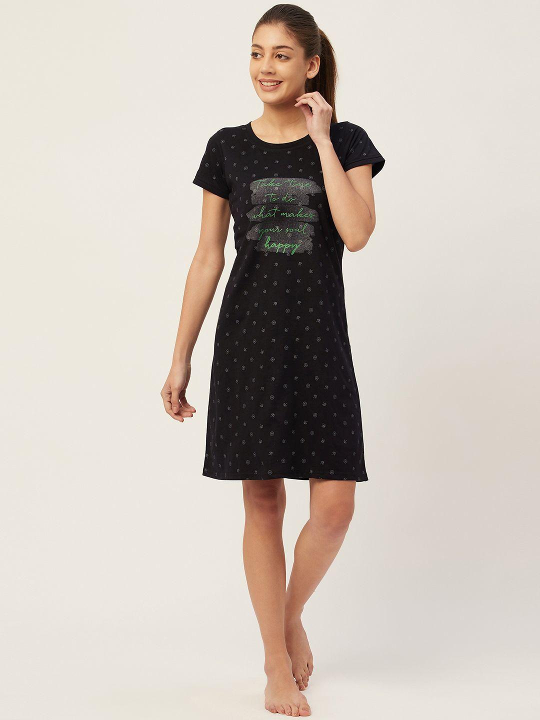 broowl women black & green printed pure cotton nightdress