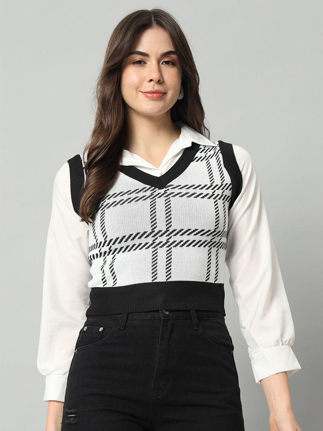 broowl women black & white checked woollen sweater vest