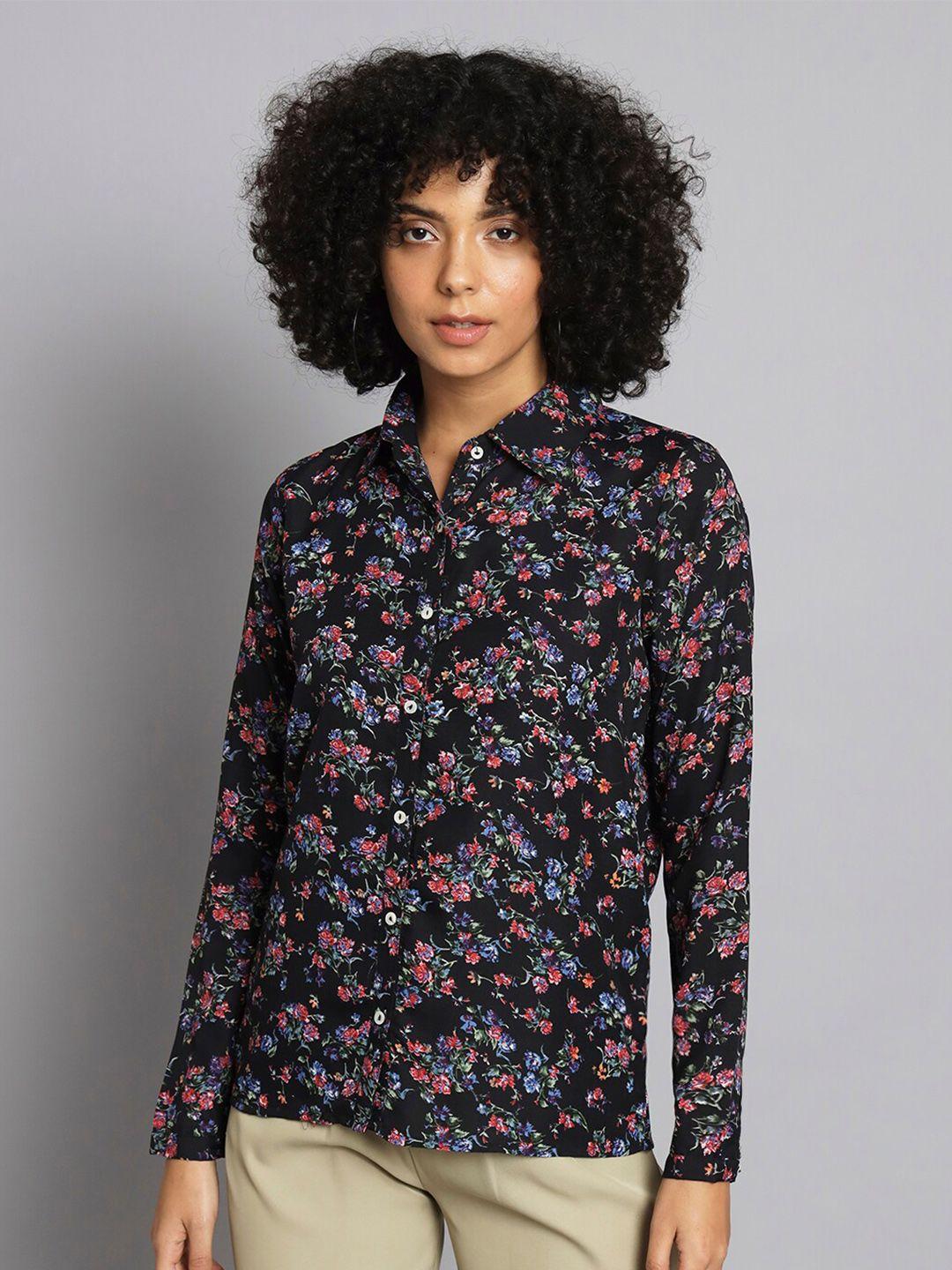 broowl women black floral opaque printed casual shirt
