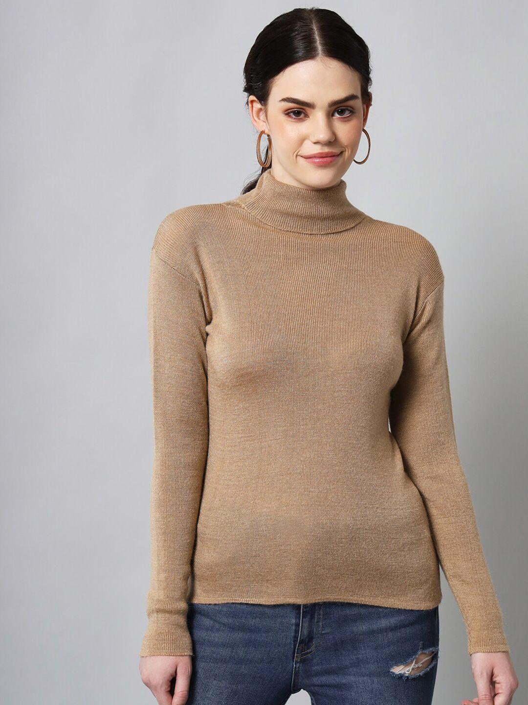 broowl women camel brown turtle neck pullover