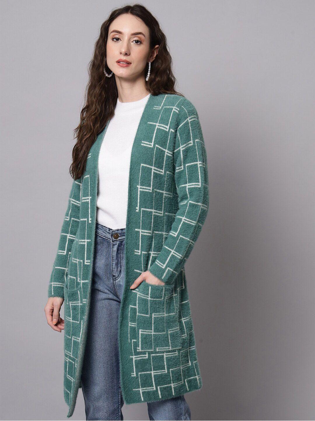 broowl women green & white longline wool shrug