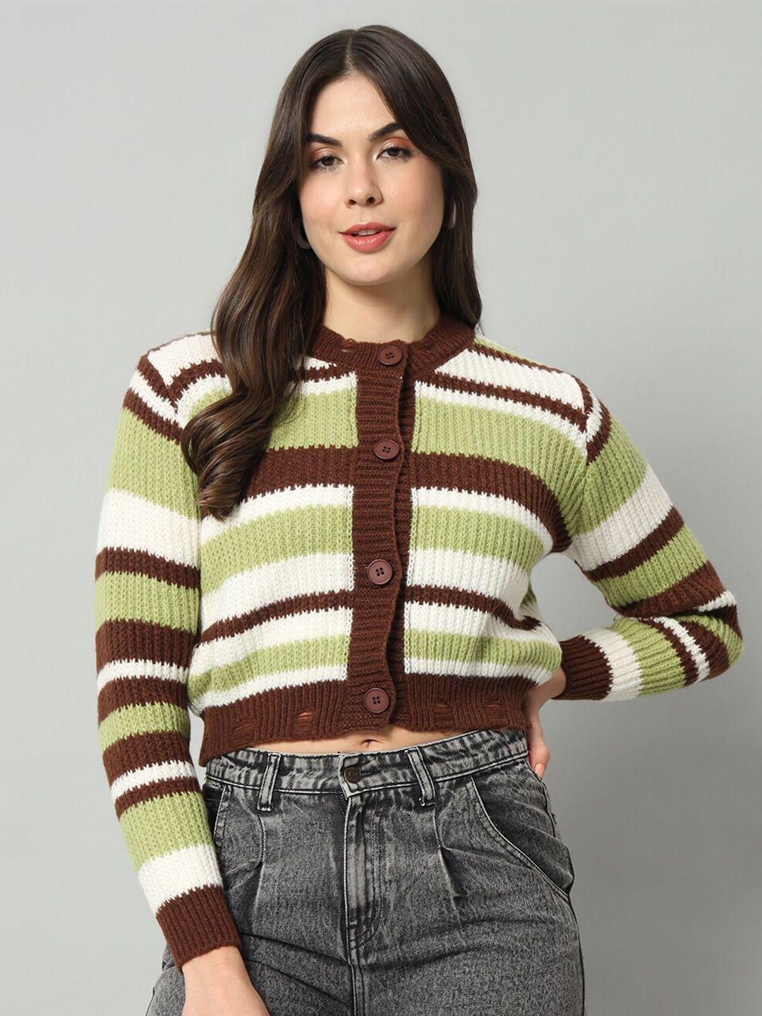 broowl women green striped woollen pullover