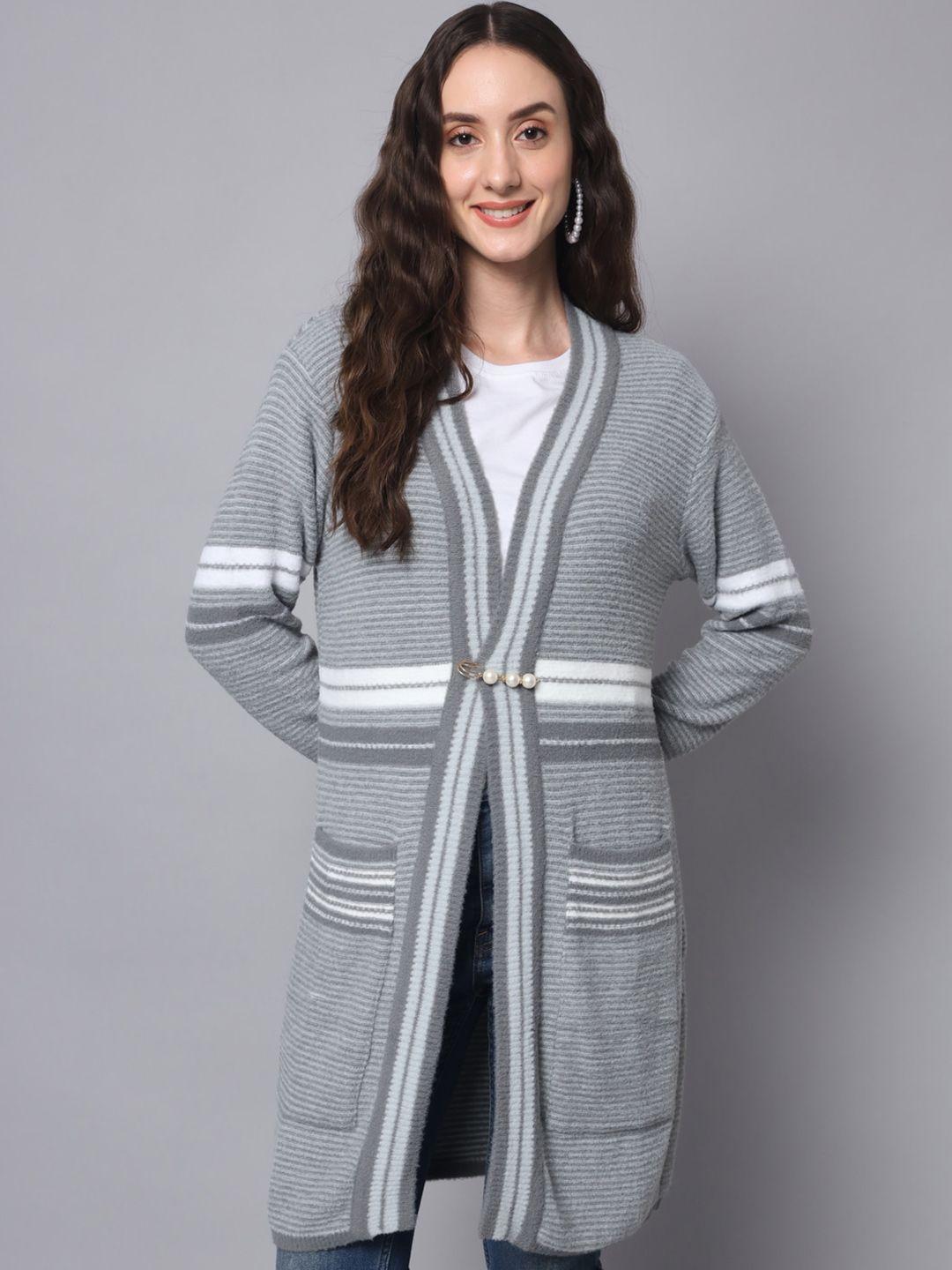 broowl women grey & white printed longline shrug