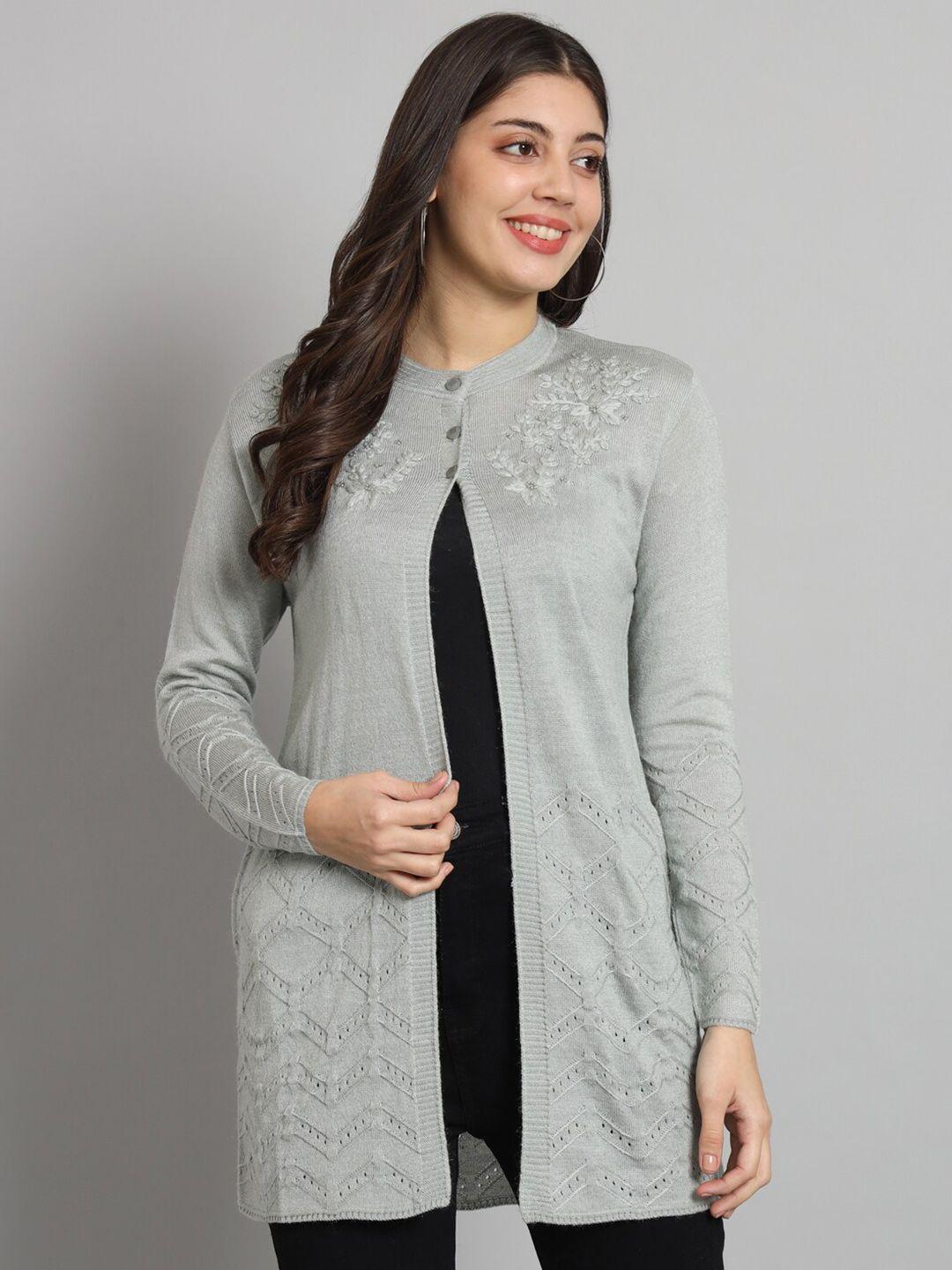 broowl women grey embroidered woollen cardigan