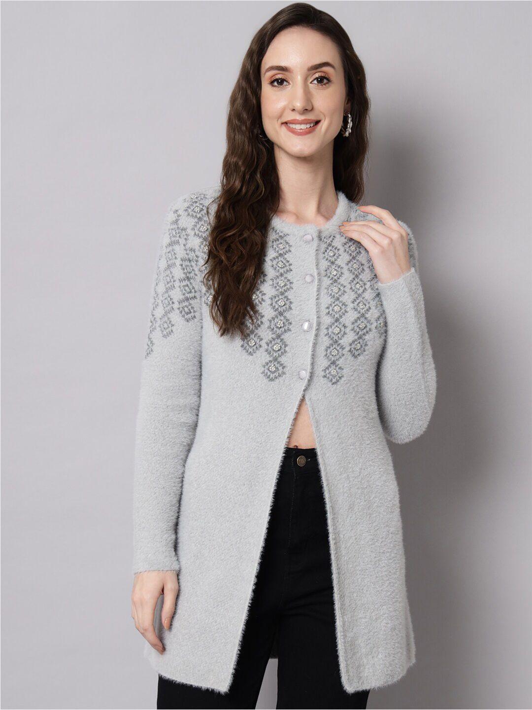 broowl women grey geometric longline cardigan sweater