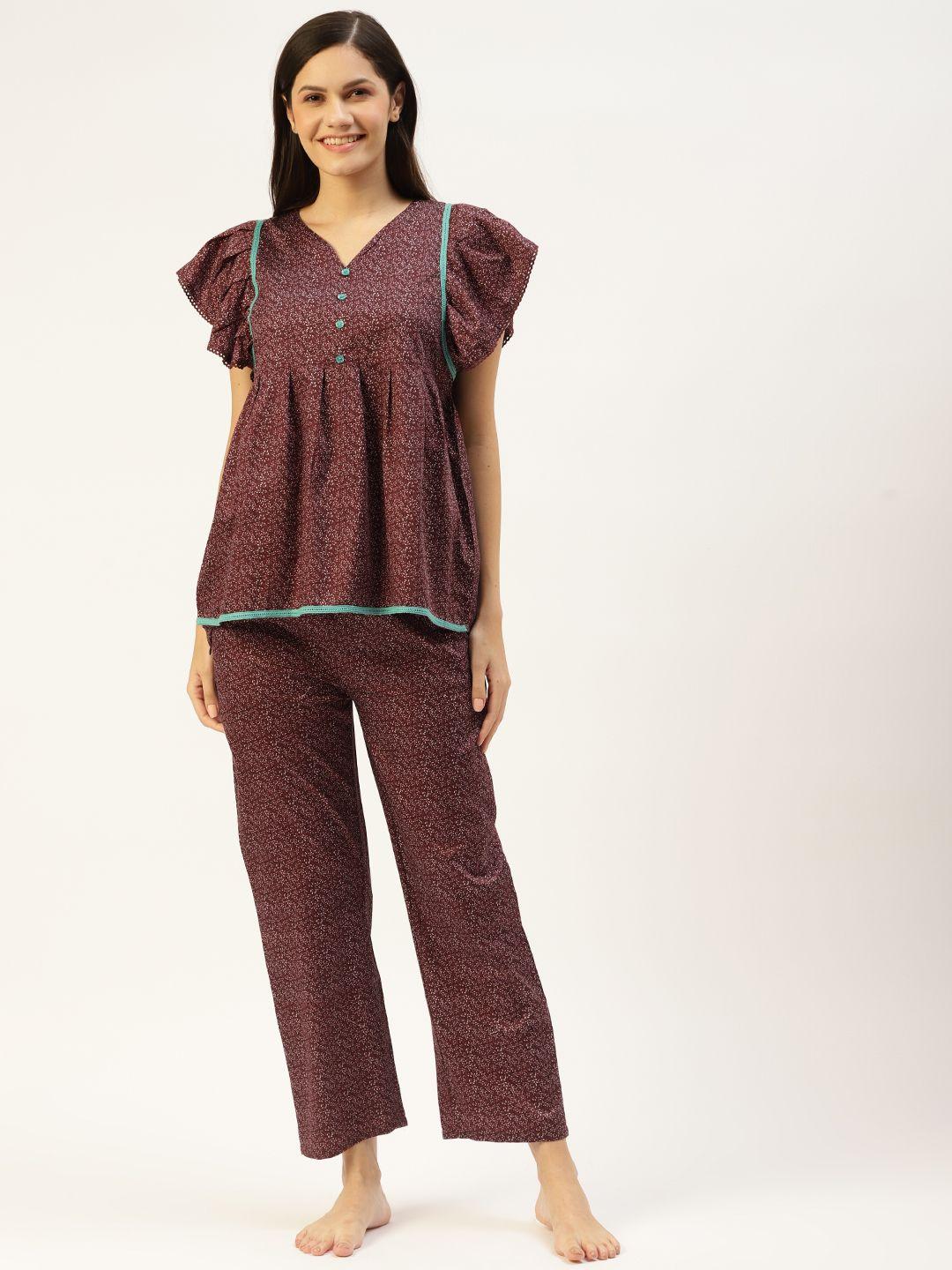 broowl women maroon printed pure cotton night suit