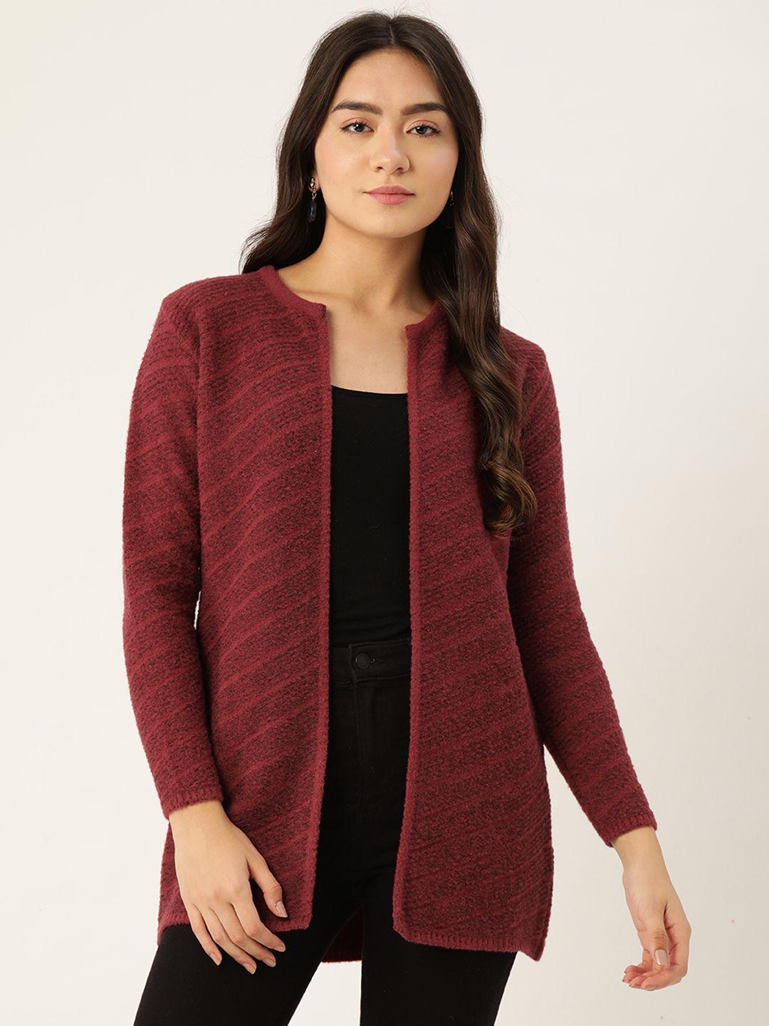 broowl women maroon striped longline winter shrug