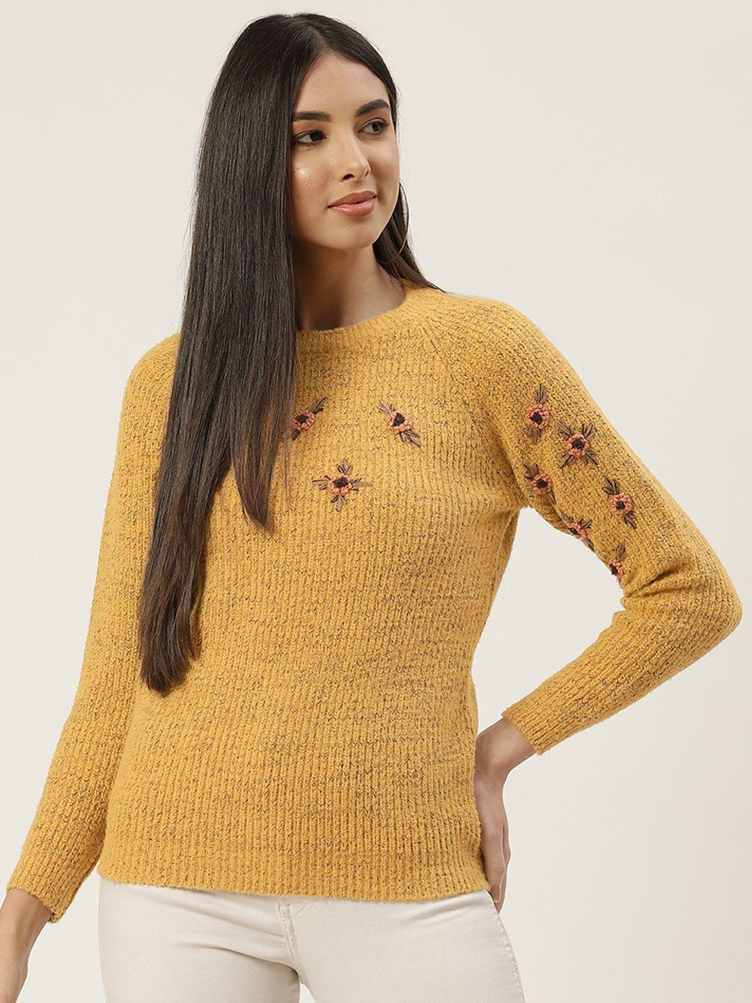 broowl women mustard & orange floral embroidered pullover