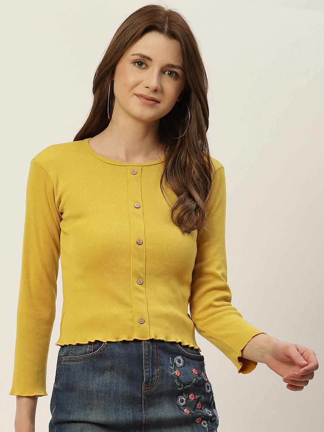 broowl women mustard yellow self-striped crepe cropped regular top