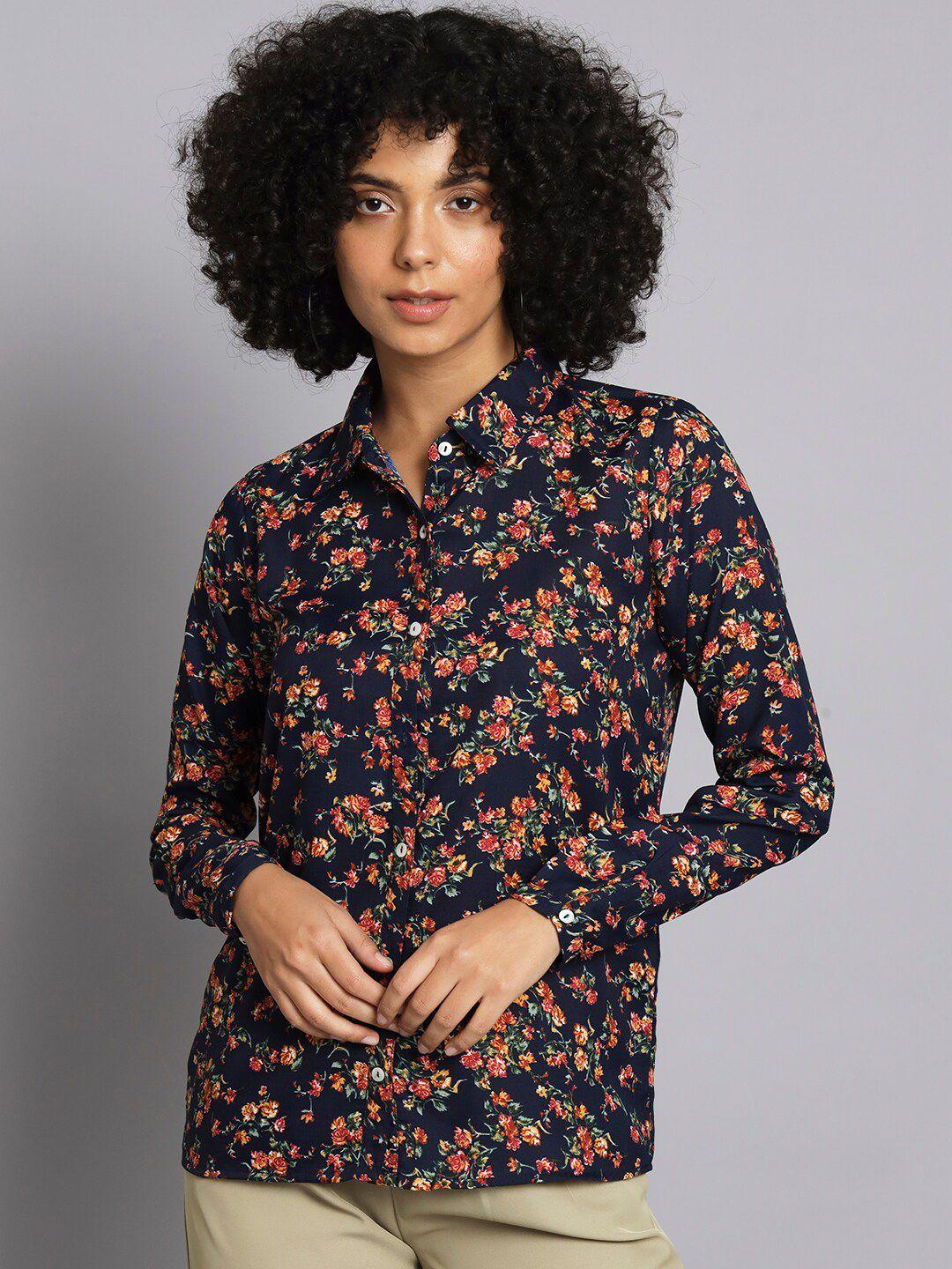 broowl women navy blue floral opaque printed casual shirt
