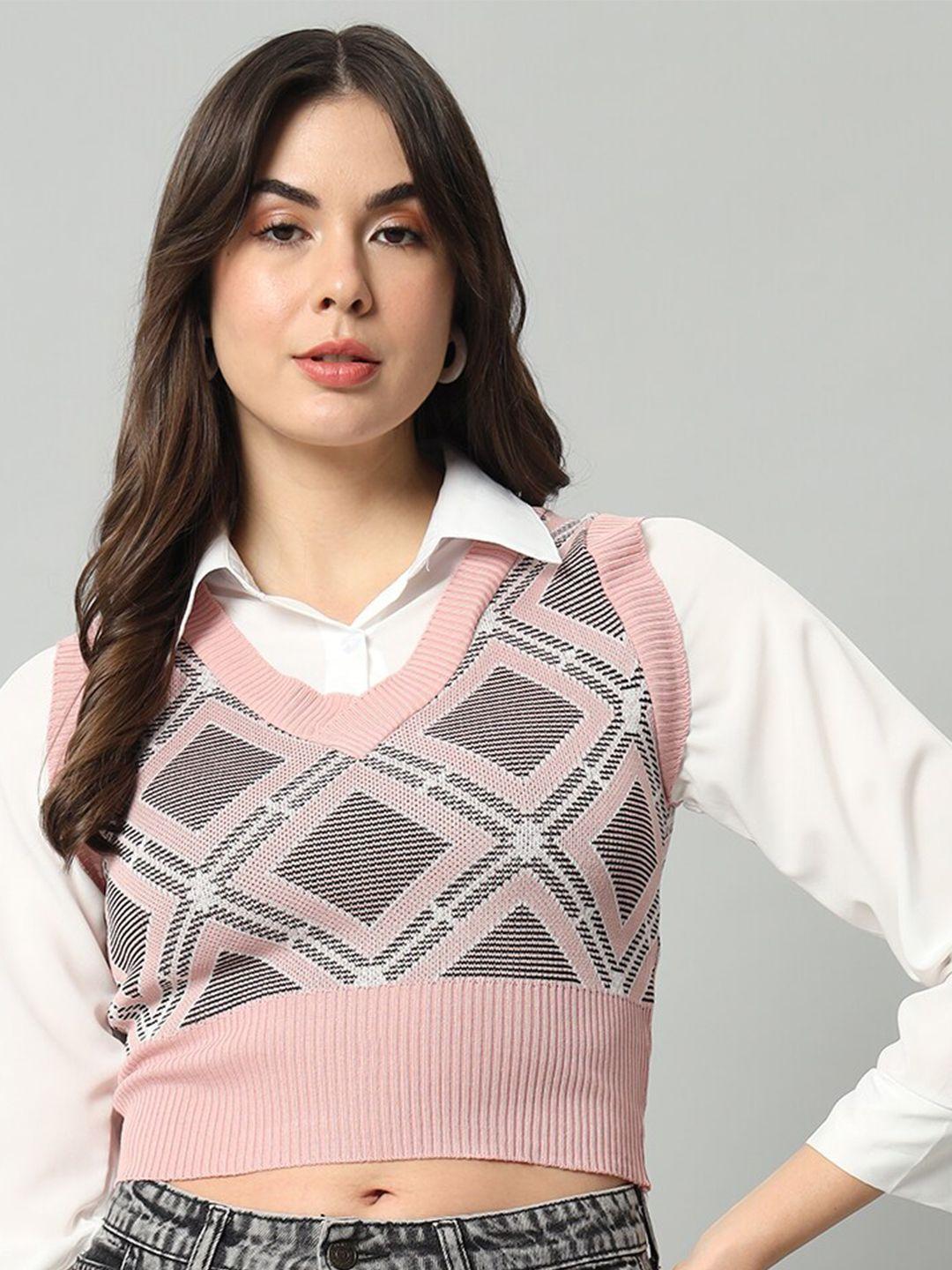 broowl women peach-coloured & white woollen sweater vest