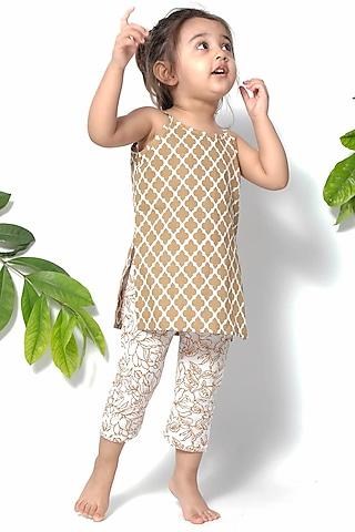 brown & white cotton printed kurta set for girls