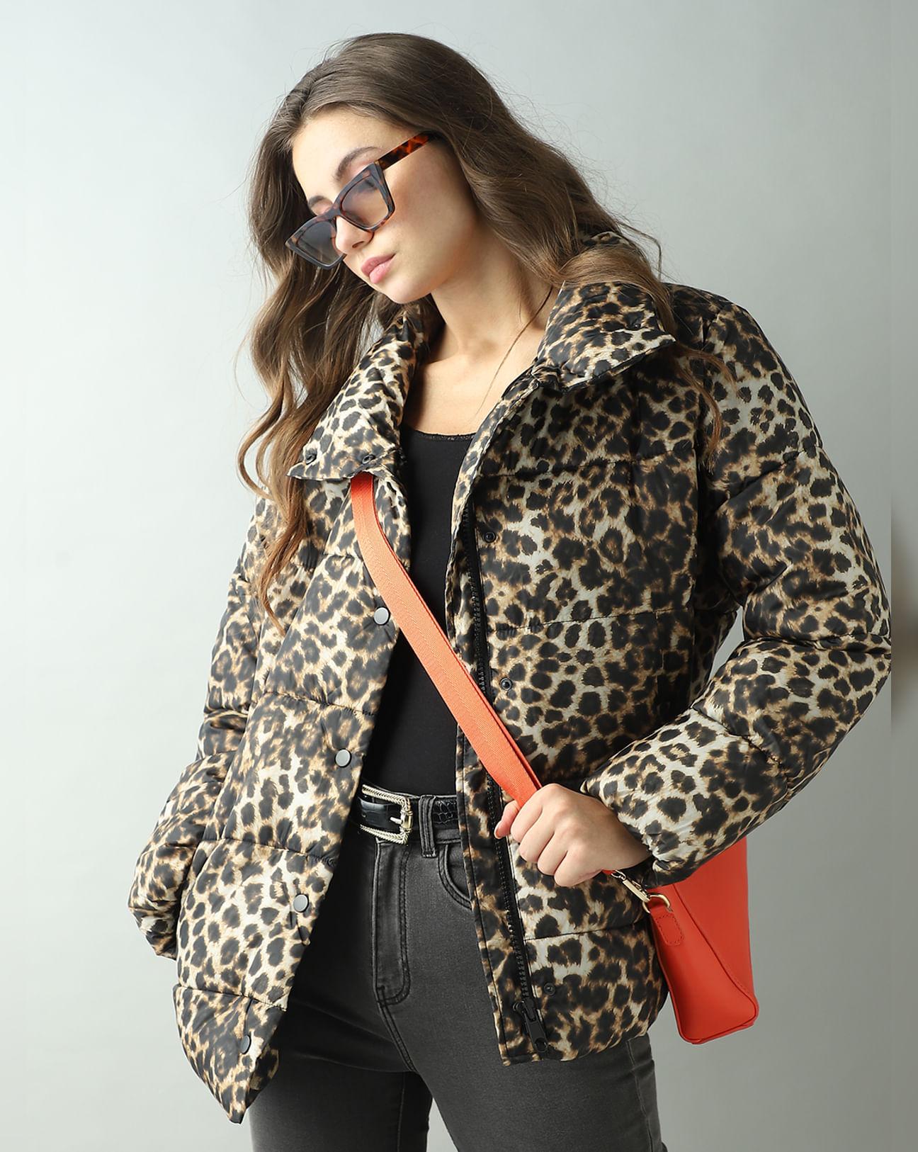 brown animal print puffer jacket