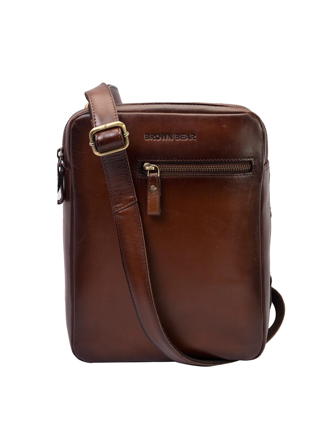 brown bear unisex brown leather messenger bag