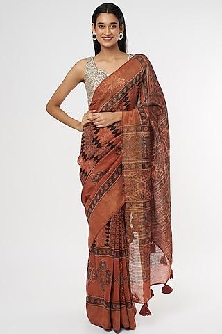 brown block printed saree