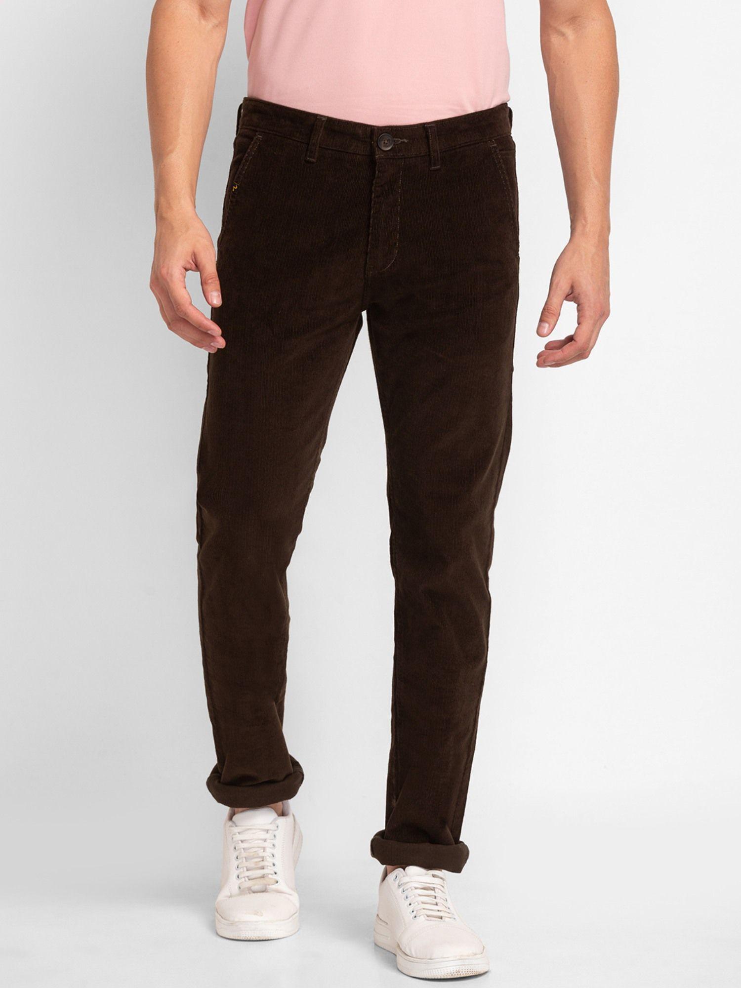 brown cotton blend mid rise trousers for men