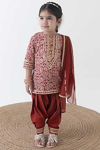 brown cotton floral jaal printed kurta set for girls