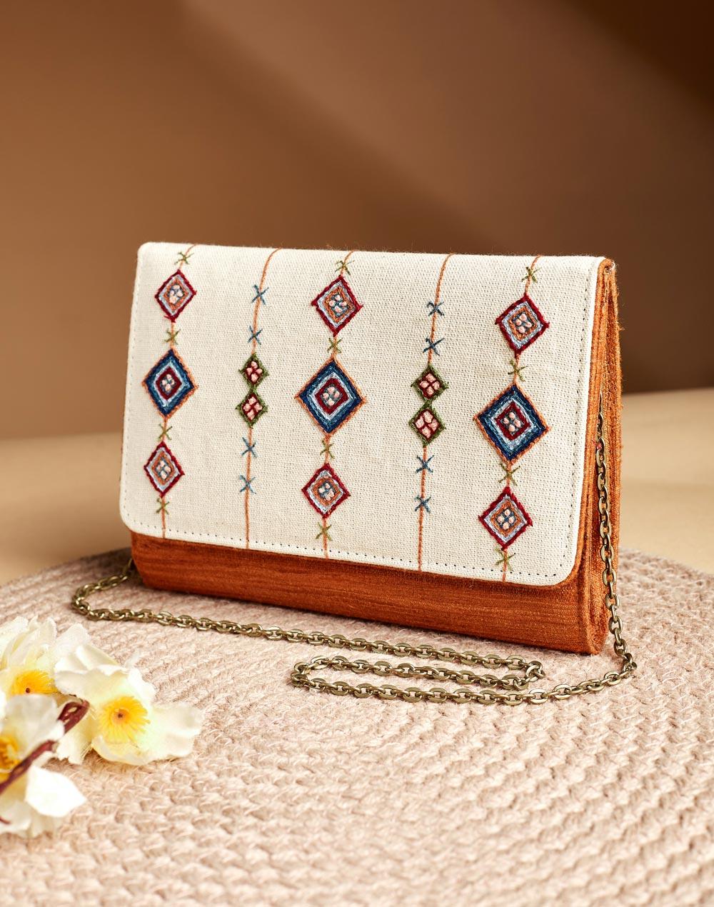 brown cotton hand embroidery clutch