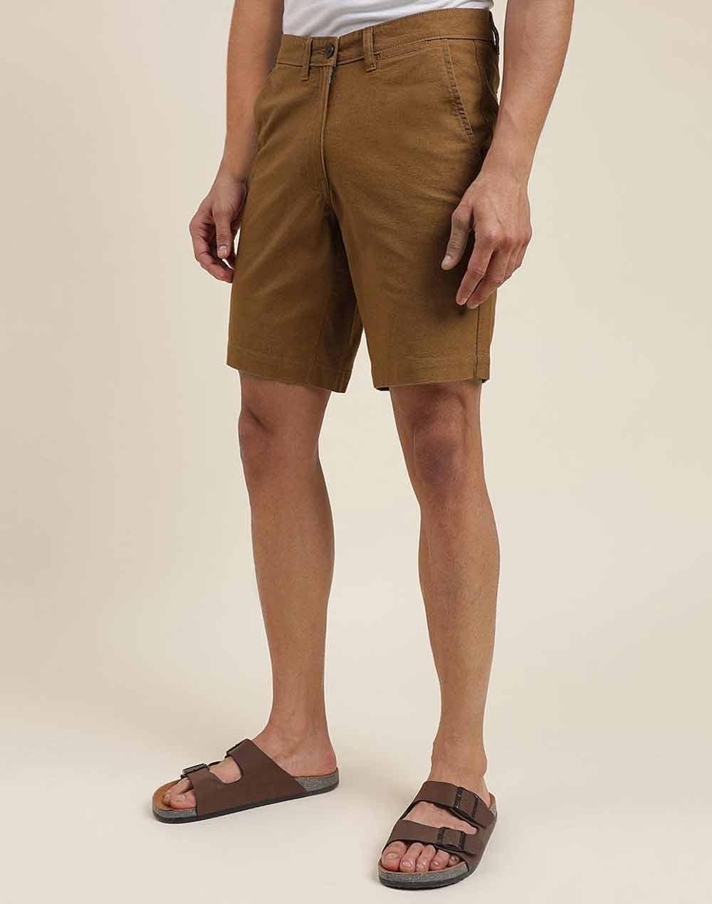 brown cotton knee length regular shorts