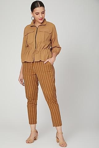 brown-cotton-linen-jacket-set-for-girls
