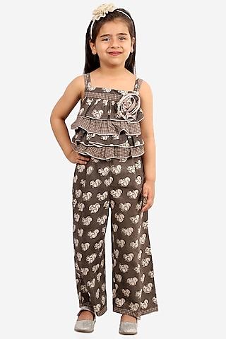 brown cotton printed jumpsuit for girls