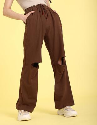 brown drawstring waist distressed solid track pants