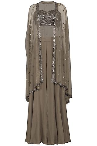 brown embroidered bustier with sharara pants and cape