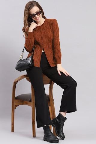 brown embroidered casual full sleeves round neck women regular fit cardigan