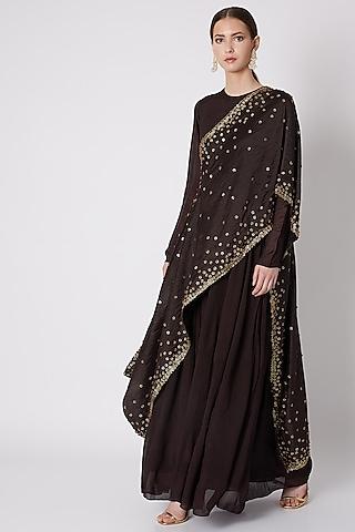 brown embroidered gown with draped dupatta