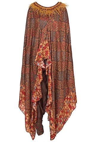 brown embroidered printed cape with dhoti pants & bustier
