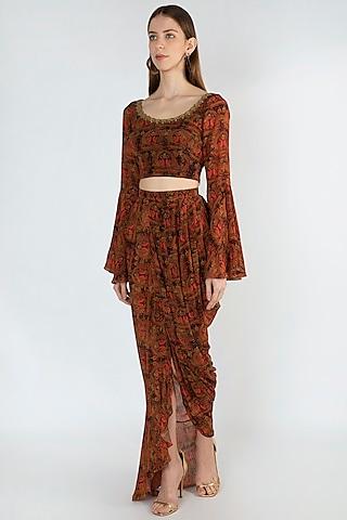 brown embroidered printed crop top & skirt