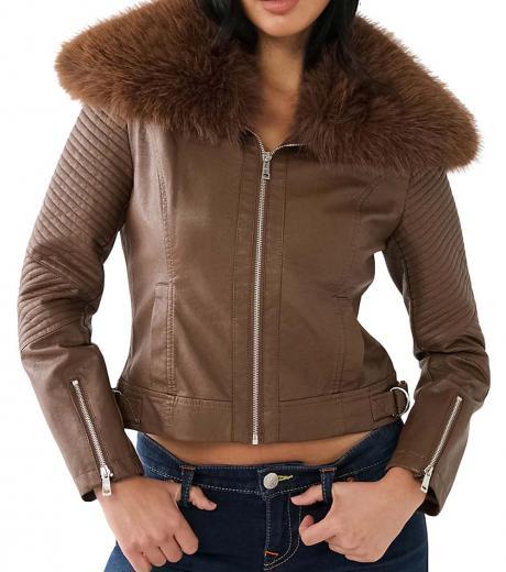 brown faux leather moto jacket