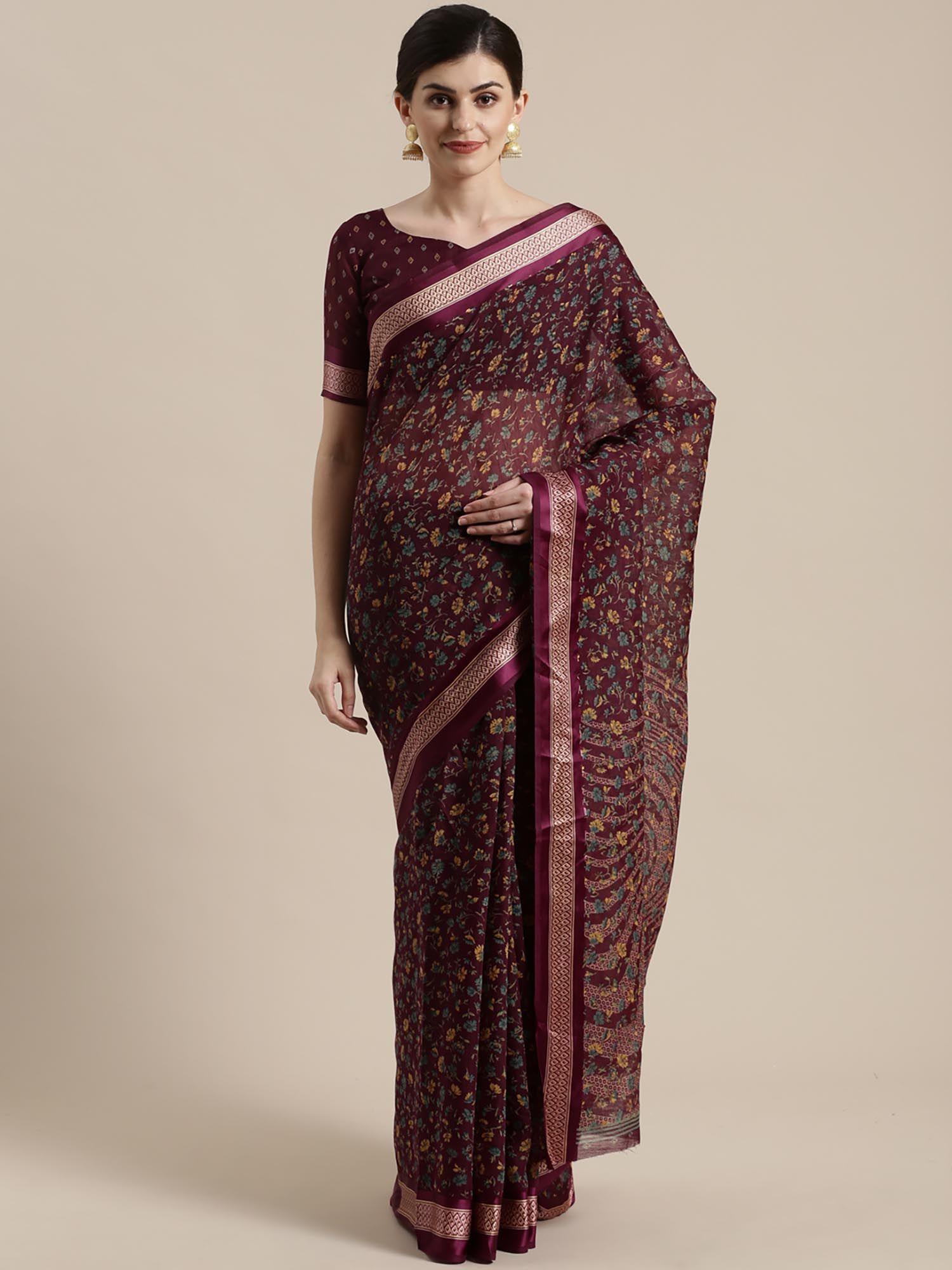 brown festive cotton silk printed saree with unstitched blouse
