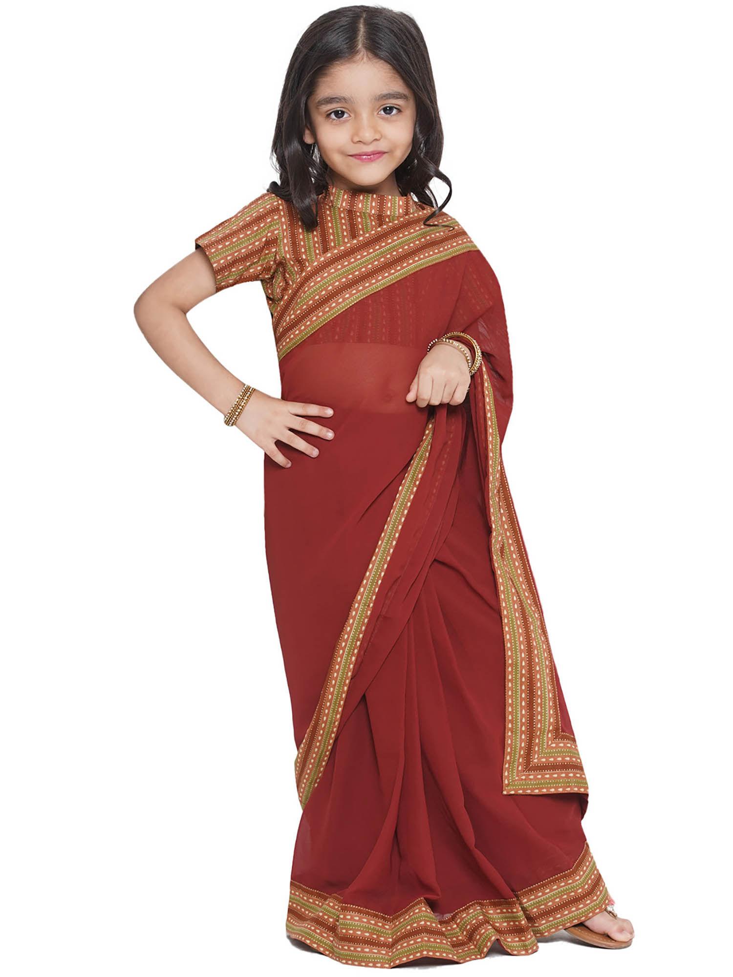 brown girls bengali strip print thread work saree with stitched blouse